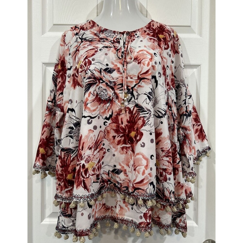 Soft Surroundings Blouse Floral Tassel Pom Pom Trim Tiered Boho Festival Size XL